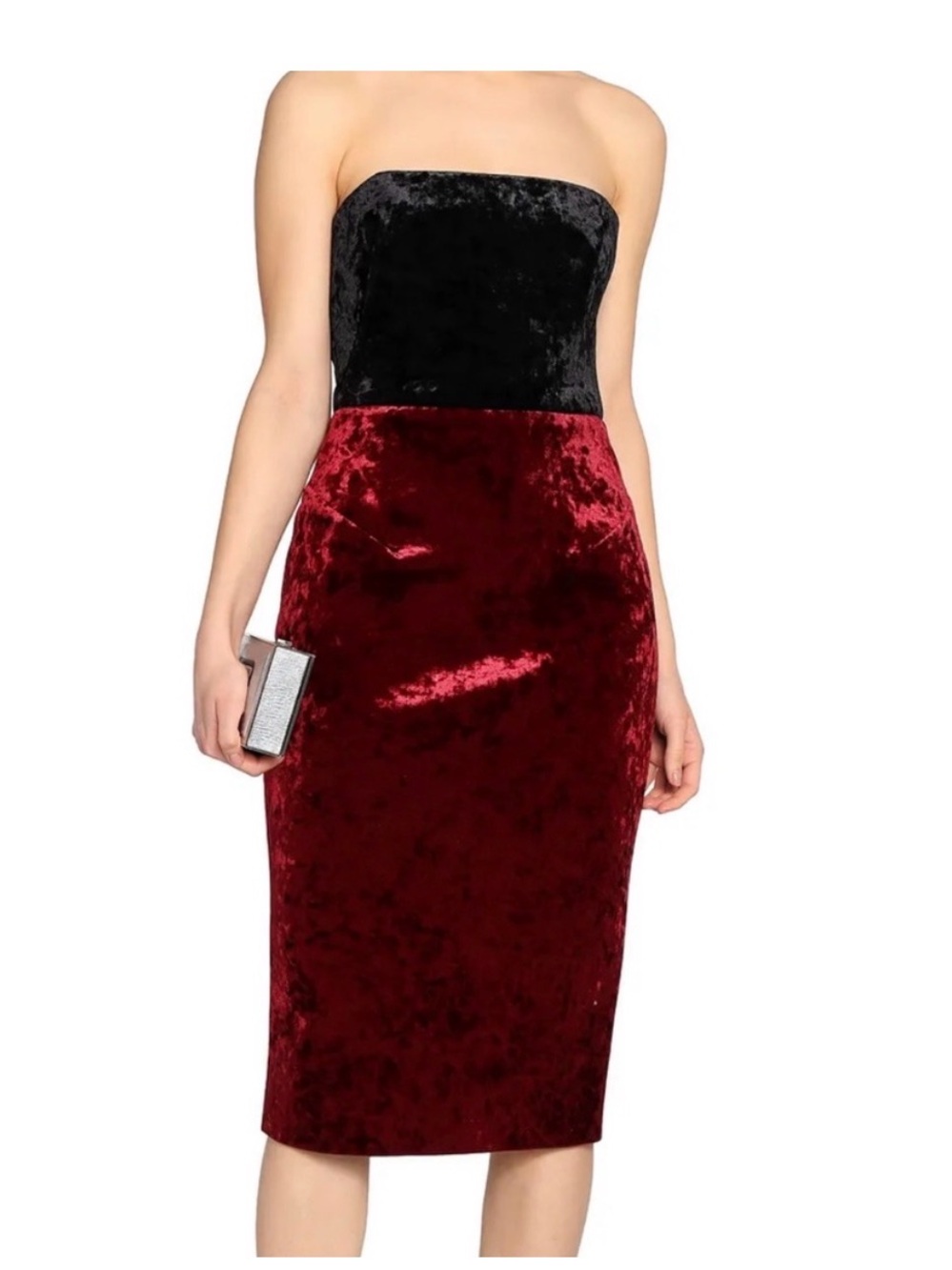 Black Halo Strapless Velvet Two-Tone Midi Dress - Black & Burgundy